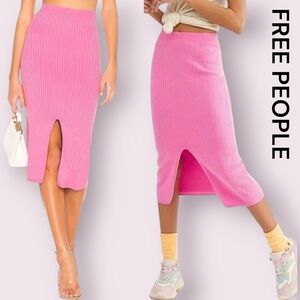 Free People Skyline Pink Ribbed Knit Midi Skirt Stretch Pull-on‎ Size Small